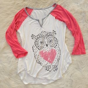 Owl Tee Long Sleeve Raglan T-Shirt White Pink Gray